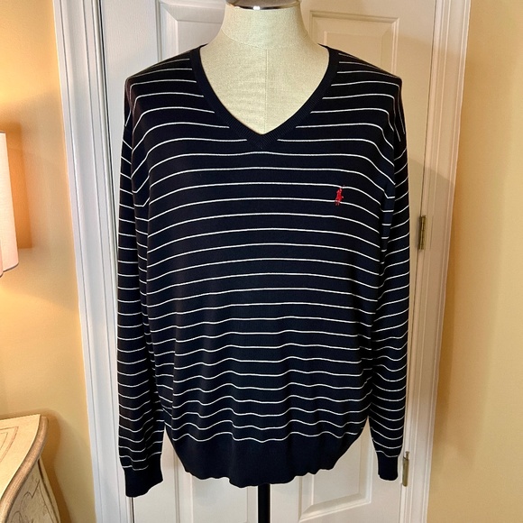 Polo Ralph Lauren Other - NWT Men's Polo Ralph Lauren Pima Cotton Black White Stripe V-Neck Sweater Sz XL